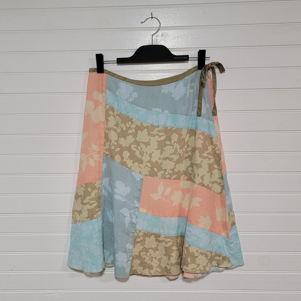 J Jill Patchwork Floral Knee Length Linen Skirt Size 6P Petite Cottagecore Prep